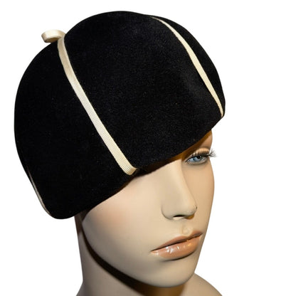 Vintage 50s Merrimac Deluxe Velour Fur Felt Beret Pillbox Hat Black Mod
