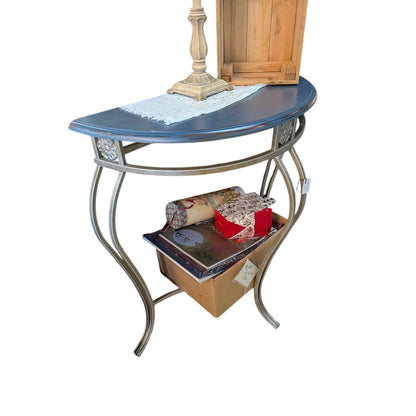 Secondhand Sandies: half moon Mezzaluna table. blue top metal base