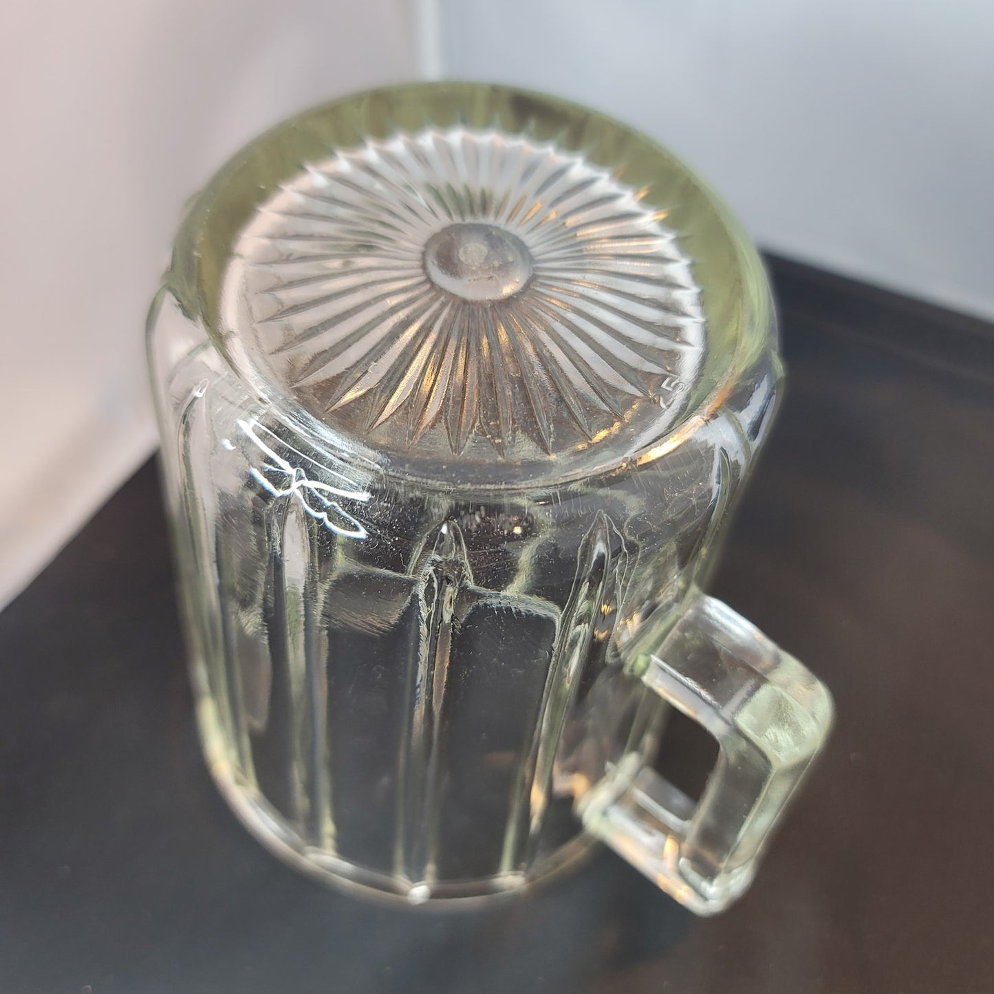 Vintage Small Heavy Clear Glass PITCHER w/ Ice Lip, Square Handle & Wide Ribs
