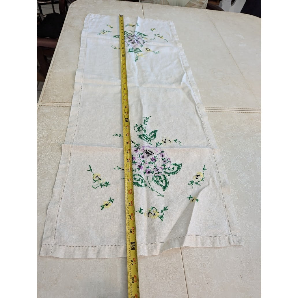Vintage Hand embroidered flowers white blue purple table runner linen textiles