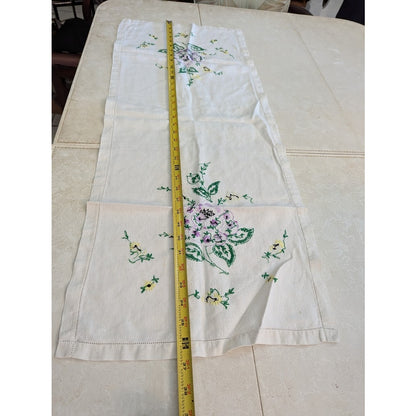 Vintage Hand embroidered flowers white blue purple table runner linen textiles