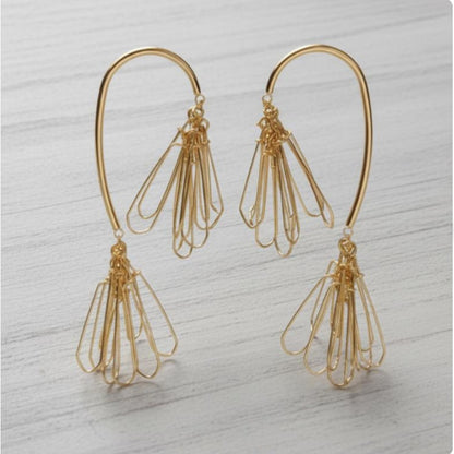 Modernist Gold Wire Cage Tassel Earrings Large Statement Runway Glamour