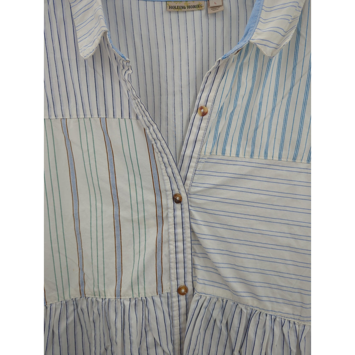 holding horses Size Large Blue white striped babydoll blouse top Anthropologie