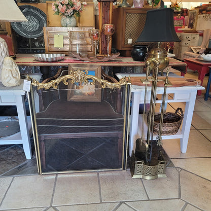 Secondhand sandies: French  Fireplace and Companion tool set Hearth Metal brass