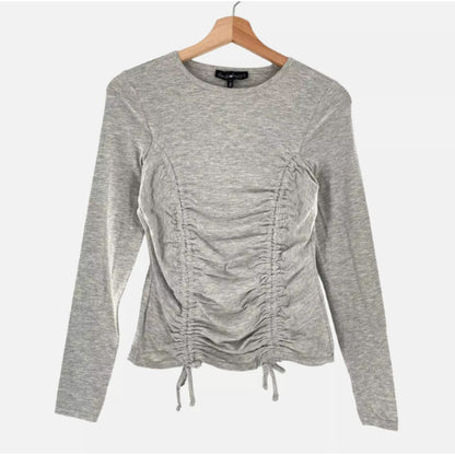 Derek Heart Ruched Drawstring Heather Gray Long Sleeve Cotton Tee LARGE NEW