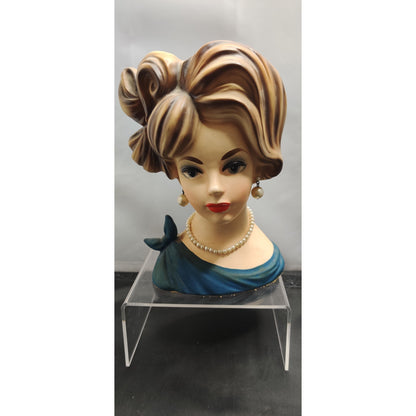 Vintage 1950s Blonde Lady Head Vase Planter Blue Dress Collectible MCM 7"