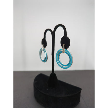 Vintage 80s-90s Silver Tone & Two-Tone Blue Enamel Double Circle Pierced Earring