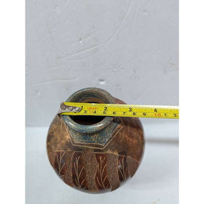 Hand Incised etched Vase Fish Turtle Clay pottery signed Cristina Amador