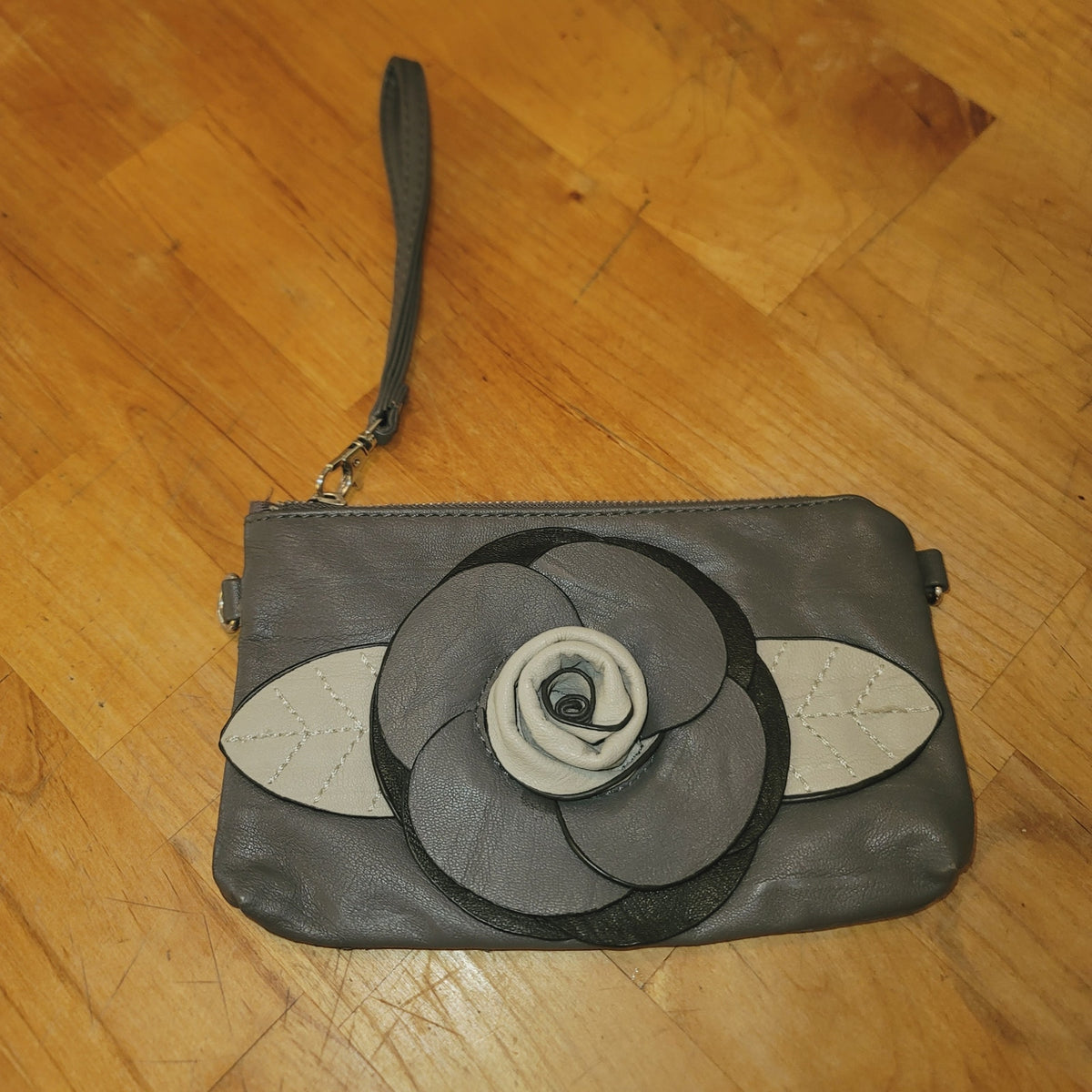 Depeche Mode Womens gray Wristlet with Flower Embellishment - 4x 7 - Zip Close