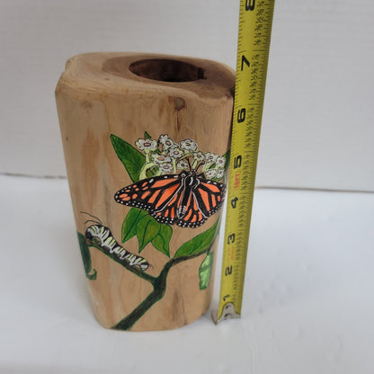 Handmade wood pillar tea light candle holder painted Caterpiller & Butterfly '13