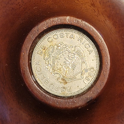Costa Rica Wood Ashtray vintage with 1980 silver coin 5" wide