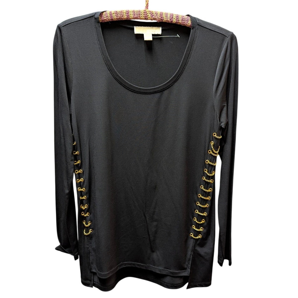 Michael Kors Grommet Detail Long Sleeve Top Womens Medium Black Scoop Neck