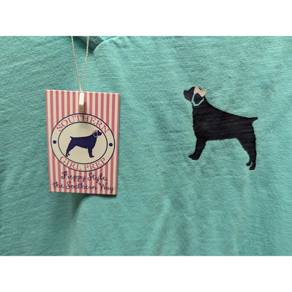 Southern Girl Prep MEDIUM NEW SHORT  Sleeve Shirt Cotton TEAL BLUE WHITE STRIPE