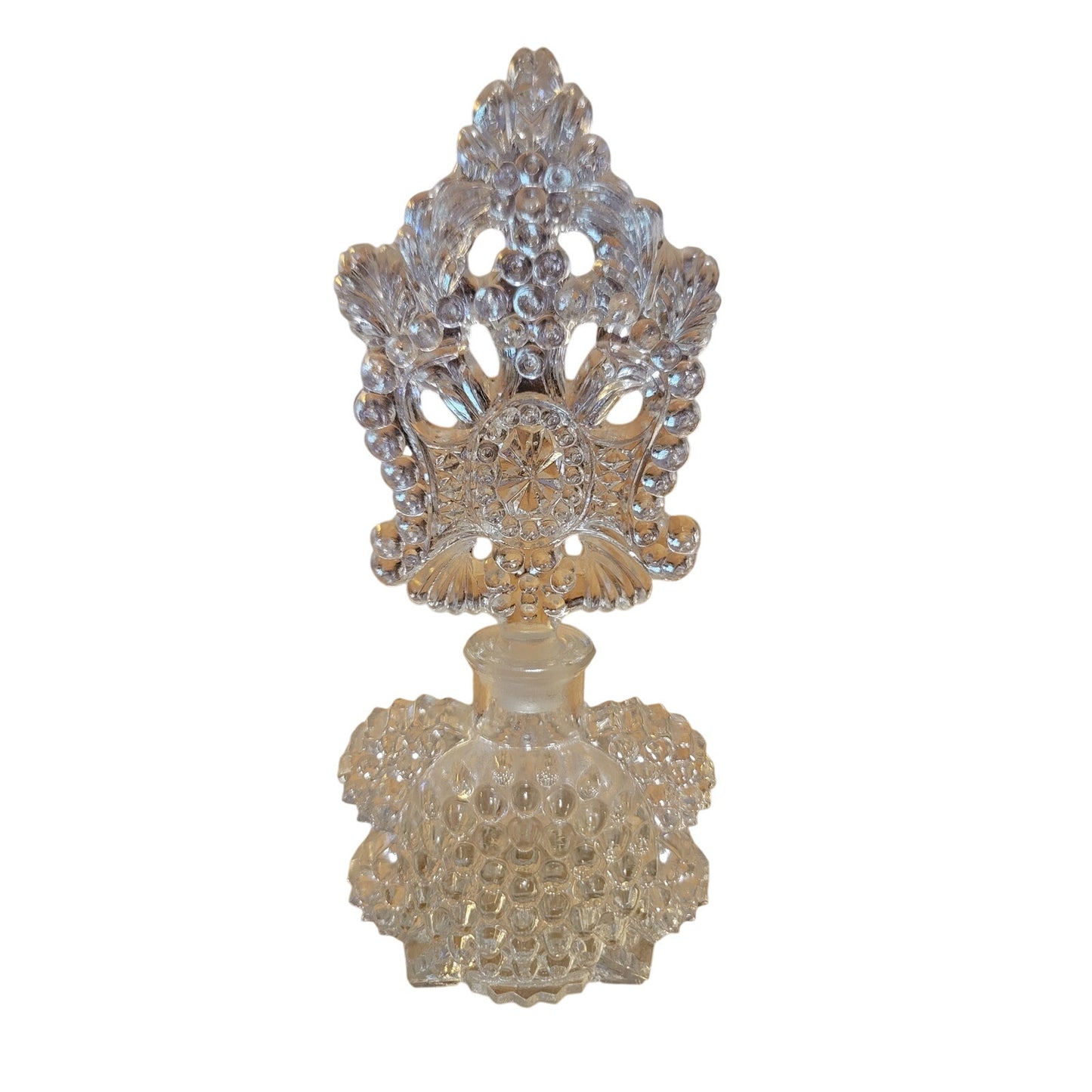 Vintage Clear Cut Glass Perfume Bottle with Large Filigree/Crown Stopper