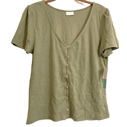Abound V-Neck Button Front Short Sleeve Top Sz XL/Extra Large in Green Dune NWT