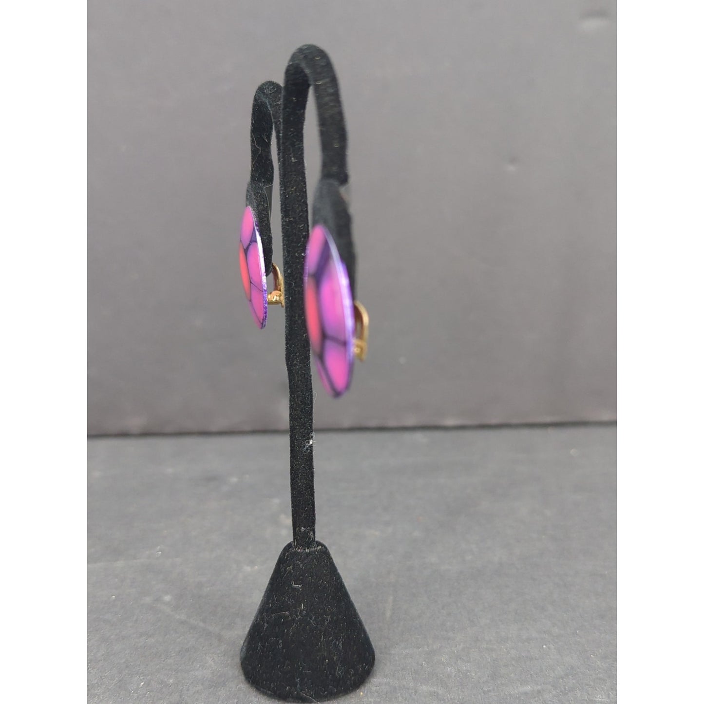 Vintage West Germany HandPainted Enameled Metal Clip On Earrings Abstract PURPLE