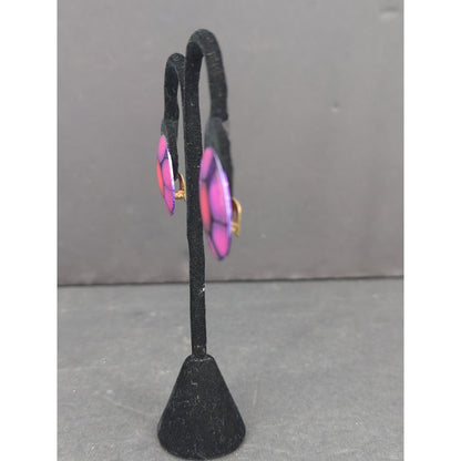 Vintage West Germany HandPainted Enameled Metal Clip On Earrings Abstract PURPLE