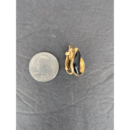 Vintage Gold Tone Black Enamel Teardrop Clip On Earrings Retro Modern Drop 1980s