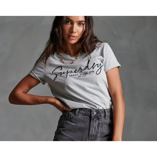SUPERDRY Womens Alice Script Embroidered T-Shirt Gray Size12 NWT