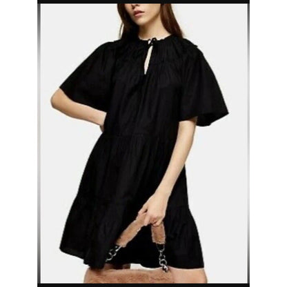 Topshop Women Smocked Poplin Babydoll Mini Dress Tiered Ruffles Black size US 4
