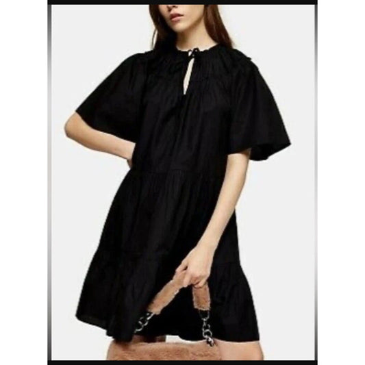Topshop Women Smocked Poplin Babydoll Mini Dress Tiered Ruffles Black size US 4
