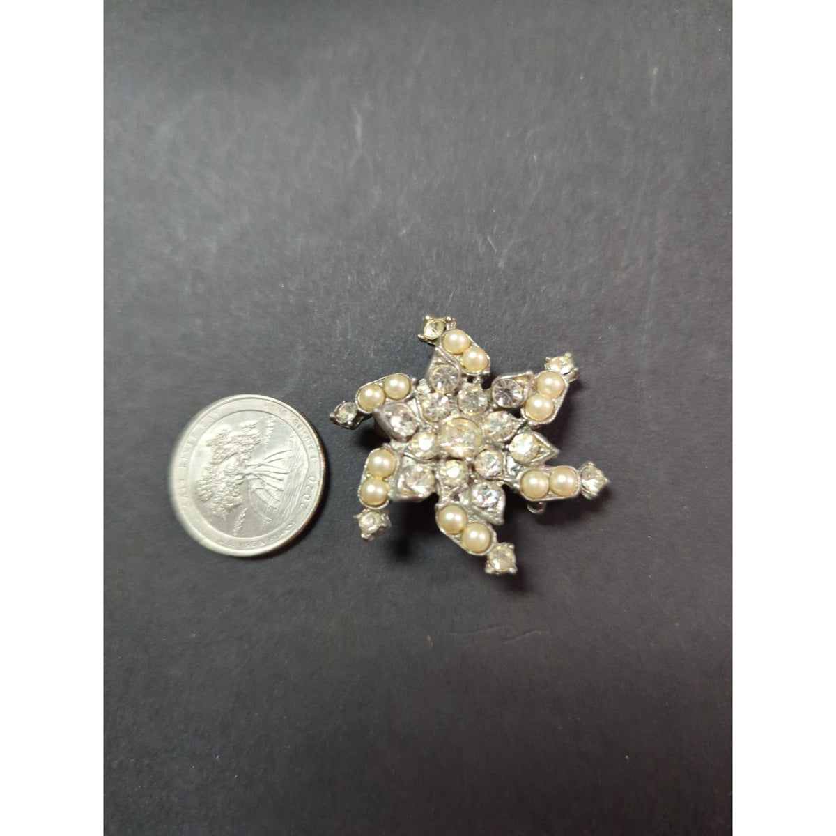 Vintage Mid-Century Faux Pearl Rhinestone Starburst Swirl Brooch Pin Silver Tone