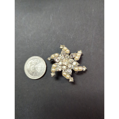 Vintage Mid-Century Faux Pearl Rhinestone Starburst Swirl Brooch Pin Silver Tone