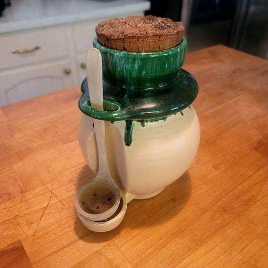 Vintage Olive Jar Canister Cork lid Ladle pottery Spain Stoneware green dripware