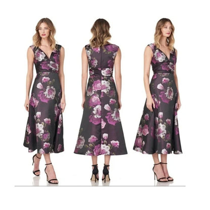 Kay Unger Size 4 Tea Length Midi Plum Floral Sleeveless Fit Flare cocktail DRESS