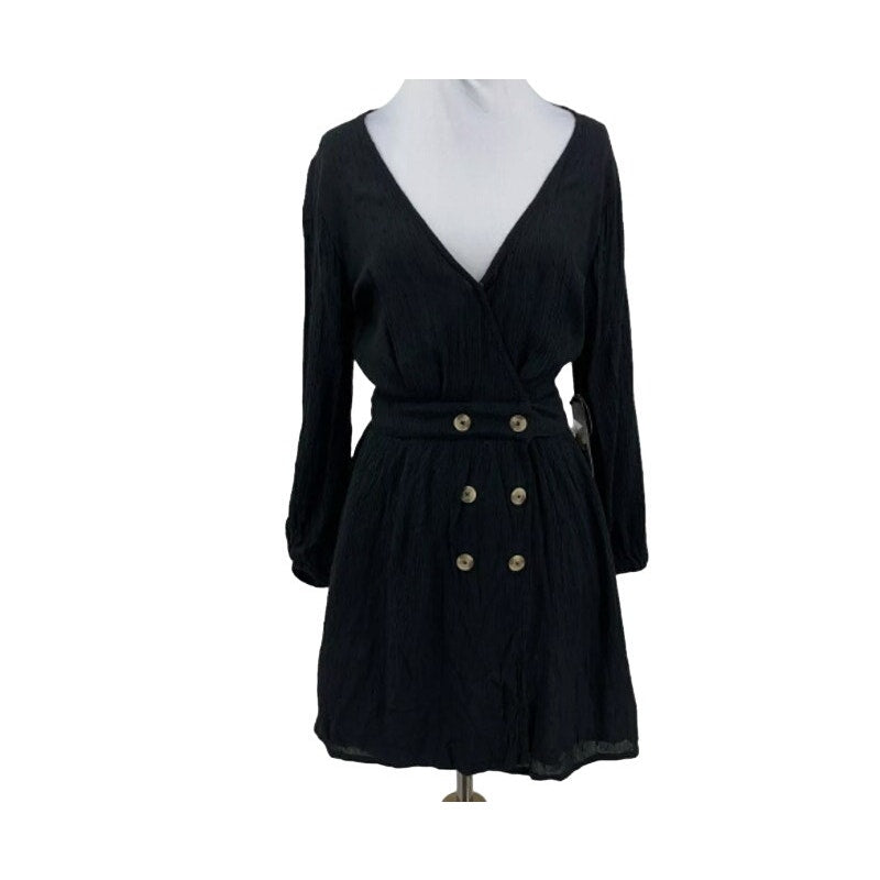Amuse Society Faux Wrap Lined Dress Coverup Small Black Swiss Dot Long Sleeve