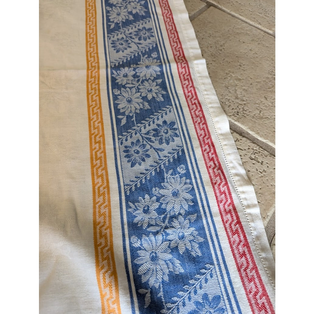 Vintage 50s Damask Tablecloth with Border Print in Red White and Blue 56" X 66"