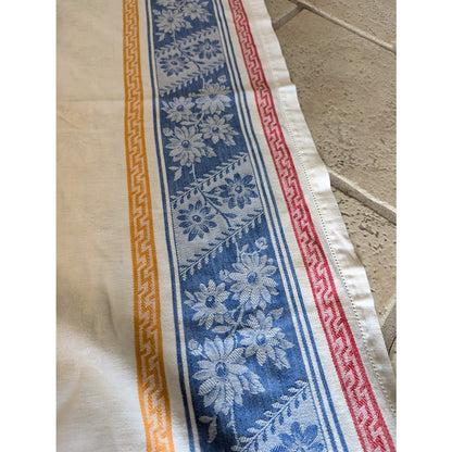 Vintage 50s Damask Tablecloth with Border Print in Red White and Blue 56" X 66"