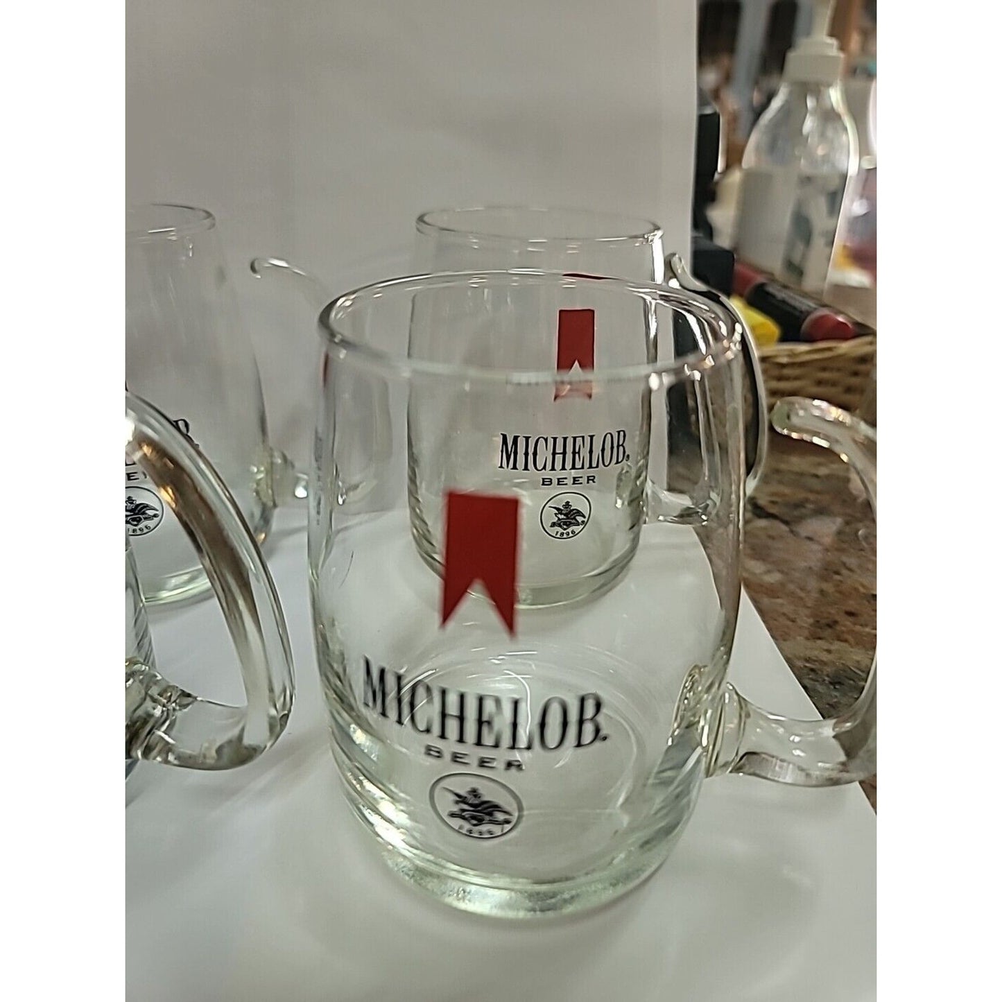 set Of 4 Michelob Beer 1896 Logo Glass Mug Cup Handle Thin Classy BARWARE Bar