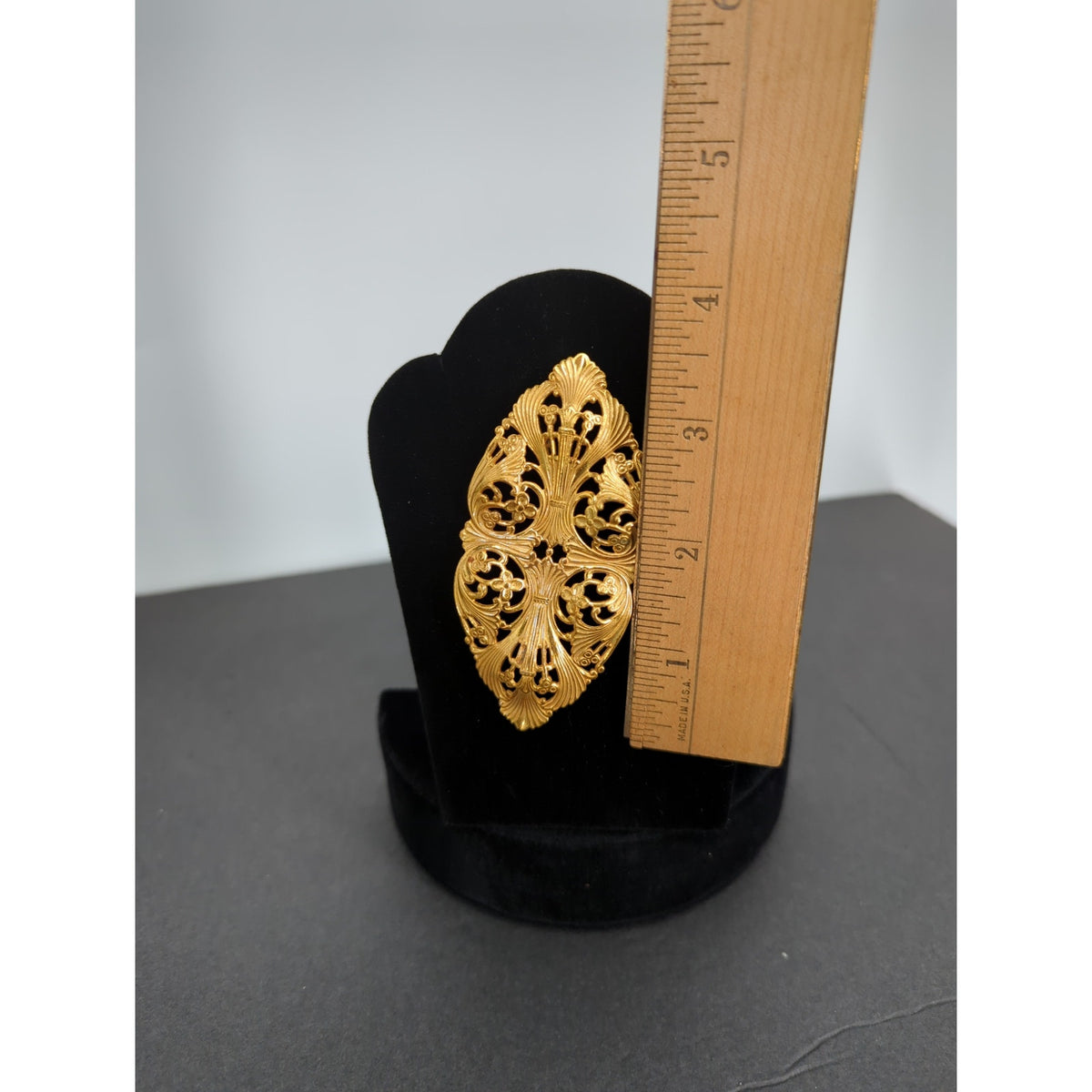 Vintage Gold Filigree Brooch Pin 3.5" Hollywood Regency Coquette Romance
