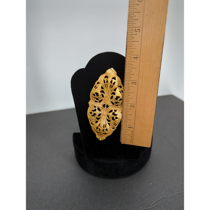 Vintage Gold Filigree Brooch Pin 3.5" Hollywood Regency Coquette Romance