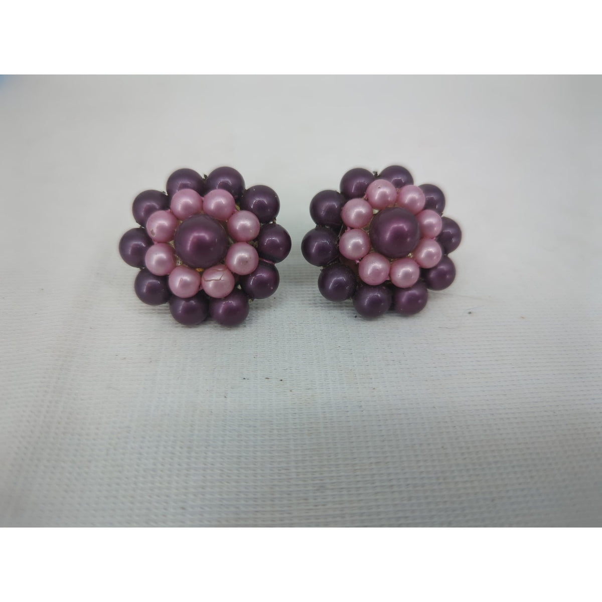 Vintage Two Tone Purple Pink Faux Pearl Cluster Clip On Earrings Mid Century