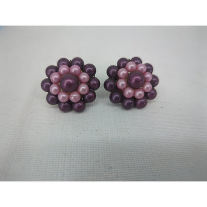 Vintage Two Tone Purple Pink Faux Pearl Cluster Clip On Earrings Mid Century