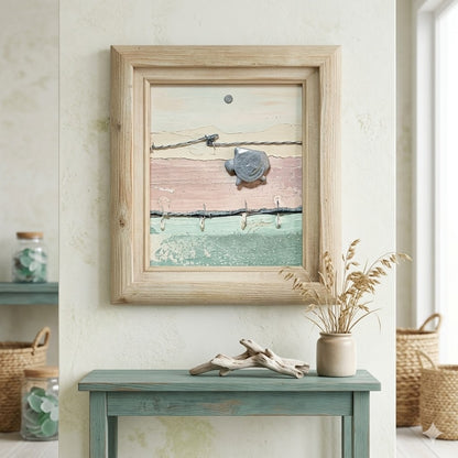 Vintage 1980s Patrick McNurney Original Mix Media Abstract Coastal Turtle Frame
