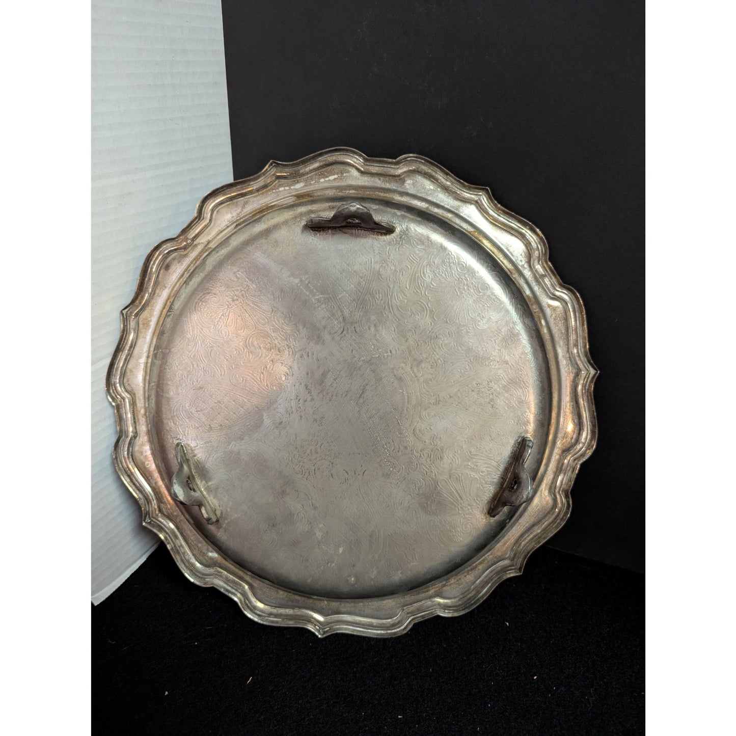 Vintage Hollywood Regency Silverplate Footed Round Platter Ornate Serving Tray