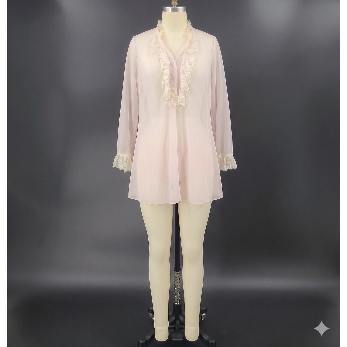 Vintage Pink Sheer Chiffon Ruffle Lace Nightgown Robe Romantic Loungewear