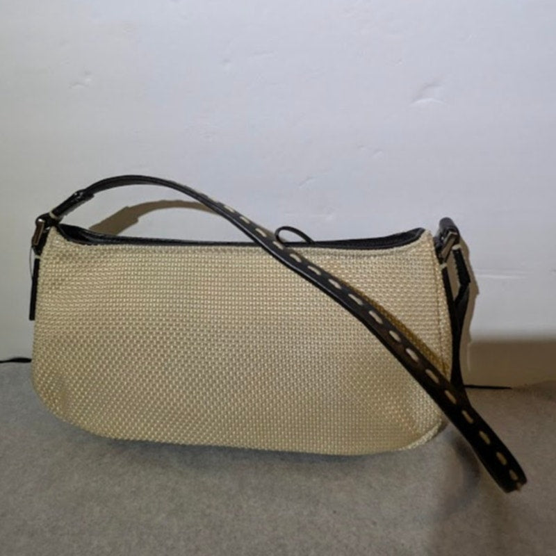 Antonio Melani Straw Leather Shoulder Bag Cream Black Baguette Vintage Style