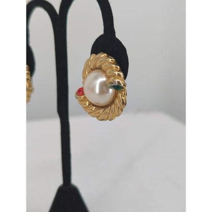 Vintage 80s Gold Twisted Knot Faux Pearl Red Green Rhinestone Clip On Earrings