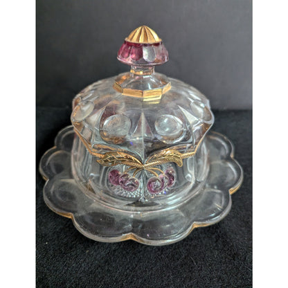 Mosser Northwood Cherry Cable Cover Glass Butter Dish gold red clear 2pc.  round