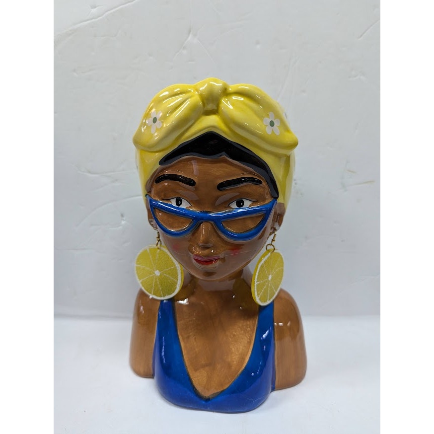 Large Ceramic Fruit lady headvase planter 9" tall YELLOW BANDANA LEMON RING