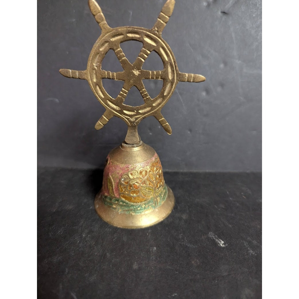 Nautical Captains Table Call Solid Brass Figural Ships Wheel Brass 5" Table Bell