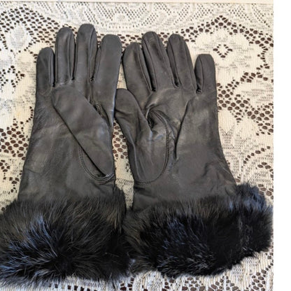 Vintage Black Leather Gloves Plush Fur Cuffs Glamour Evening Wear Elegant
