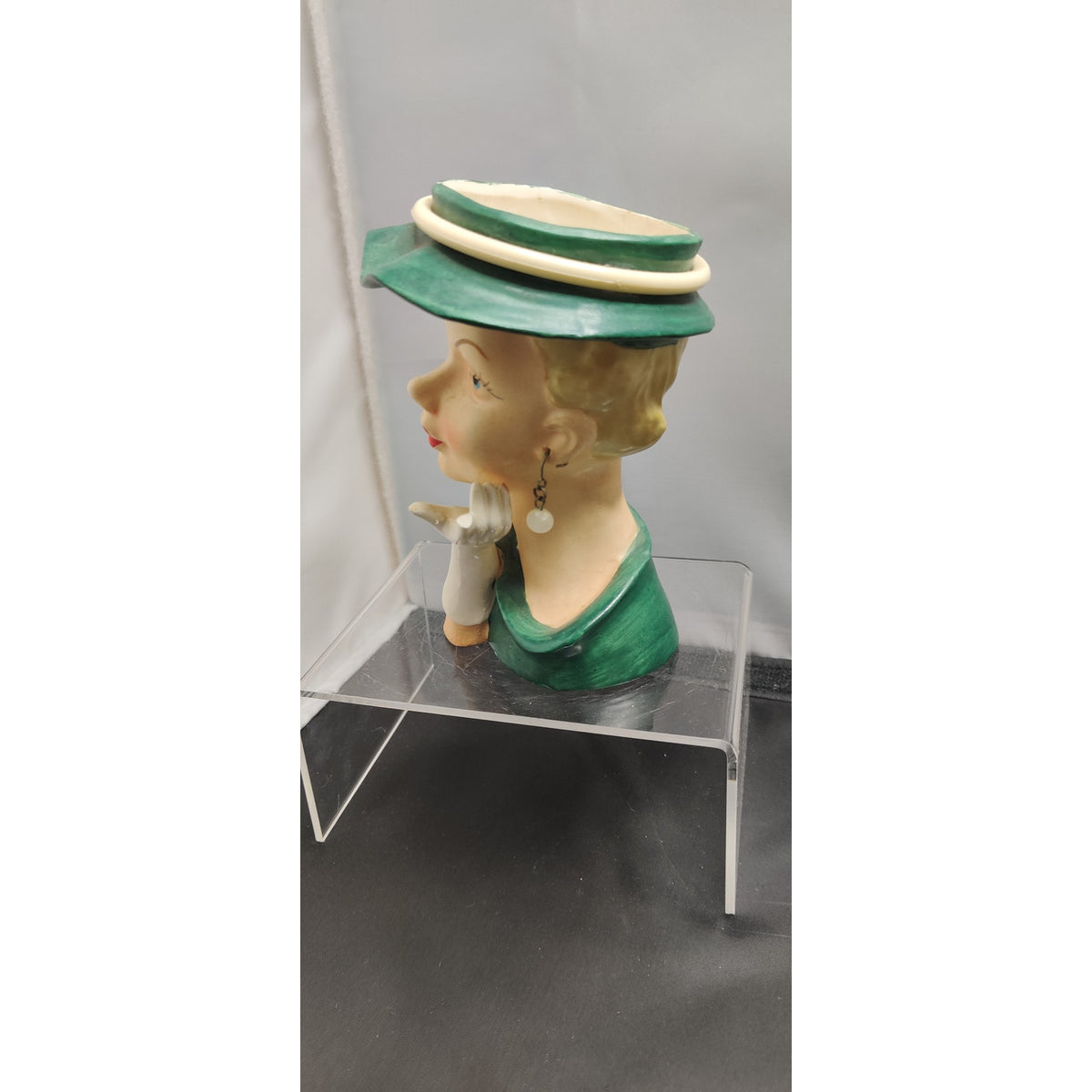 Vintage 1950s Damaged Napco Blonde Lady Head Vase Planter Green Hat Kitsch