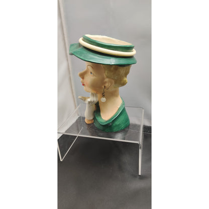 Vintage 1950s Damaged Napco Blonde Lady Head Vase Planter Green Hat Kitsch