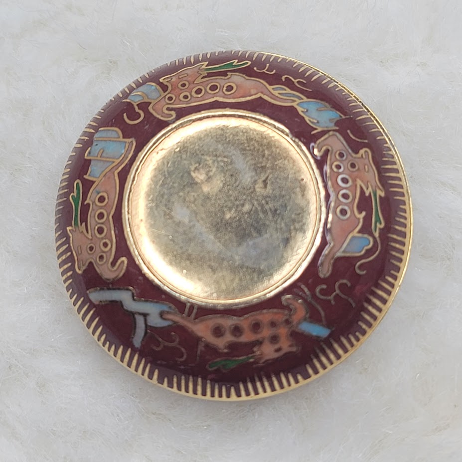Vintage Cloisonné Enamel Trinket Snuff Pill Stash Box Deer, Crane & Dragon Motif