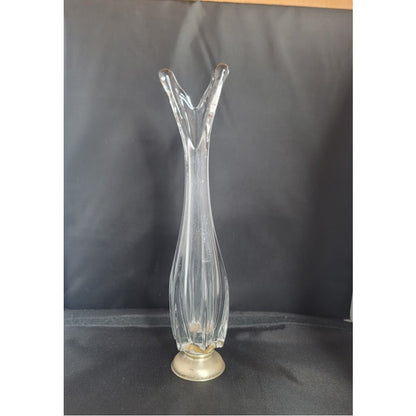 Crystal 12"  clear glass swung vase with Silver Stamped base 1960's V top taper